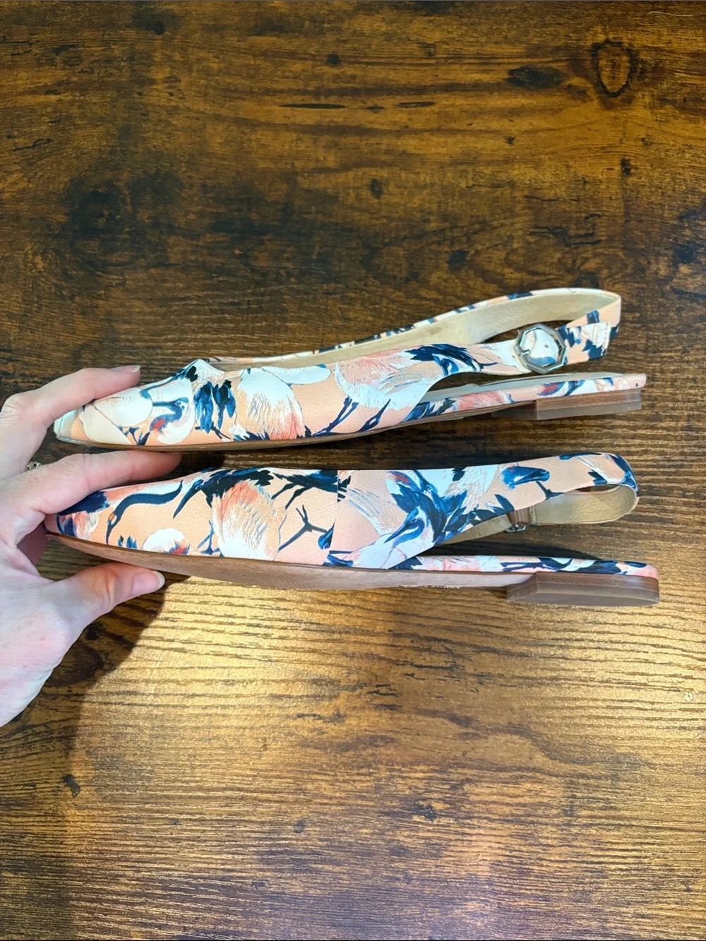 Louise et Cie Peach Navy Floral Pointed Leather Slingback Flats Size 8